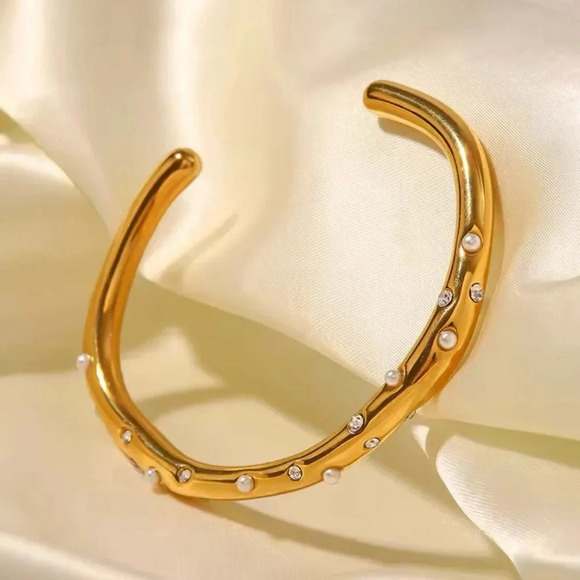 Milena 18K Gold Stainless Steel Pearl Crystal Cuff Bracelet - Picture 1 of 7